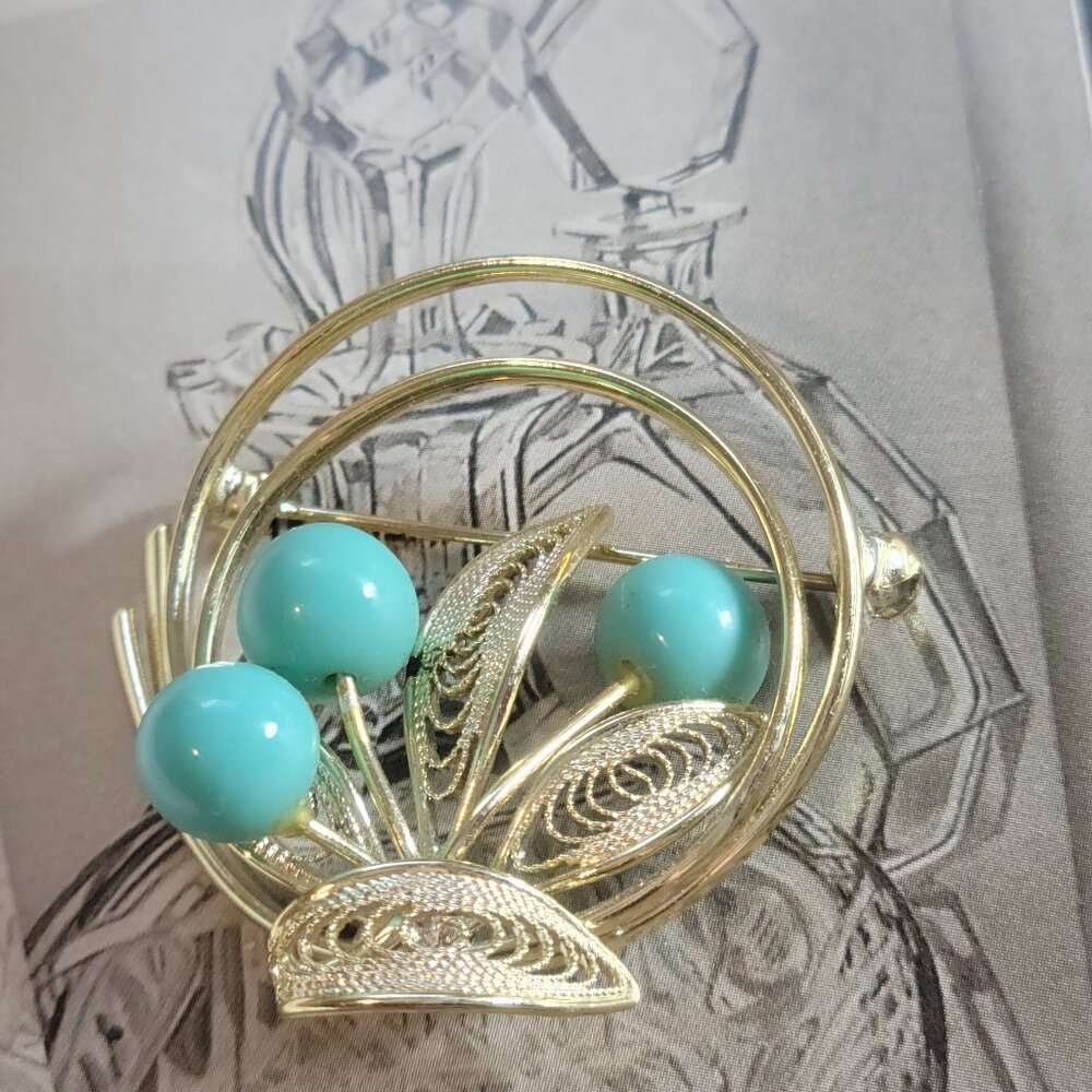 Gemstone Larimar Beads and Sterling Brooch Vintage Elegant 925